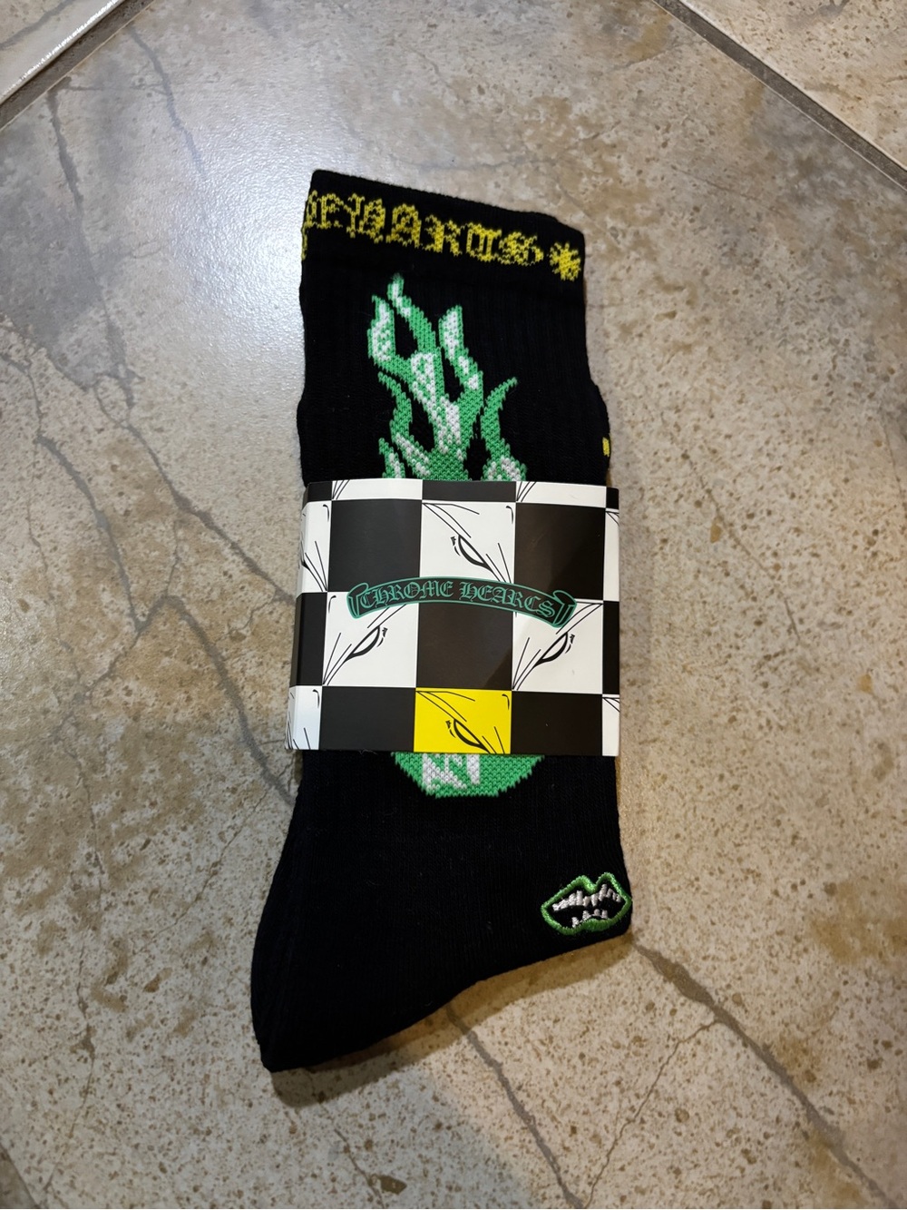 Chrome Hearts Black Socks with Neon Green Flame Motif